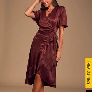 Wrapped Up In Love Burgundy Satin Faux-Wrap Midi Dress